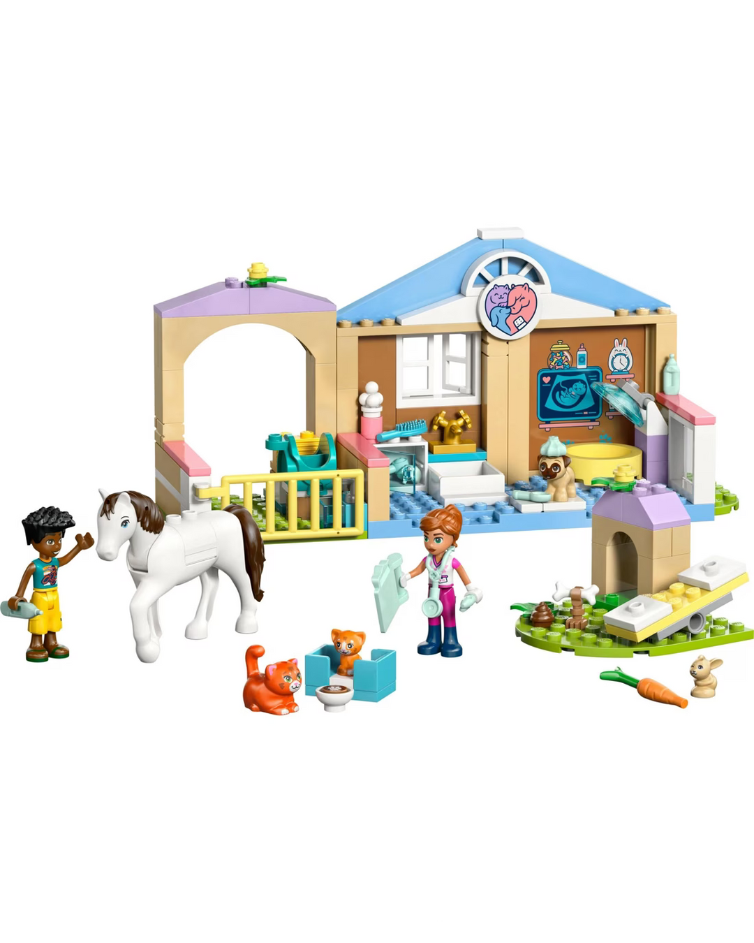 LEGO set with a veterinarian's office, animals, and a horse on a white background