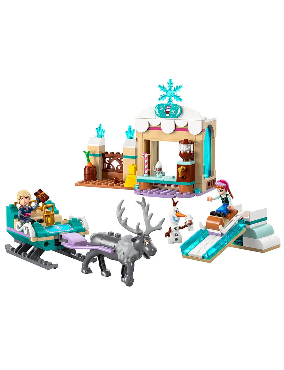LEGO set with a snowy scene, including a house, characters, and a reindeer on a white background.