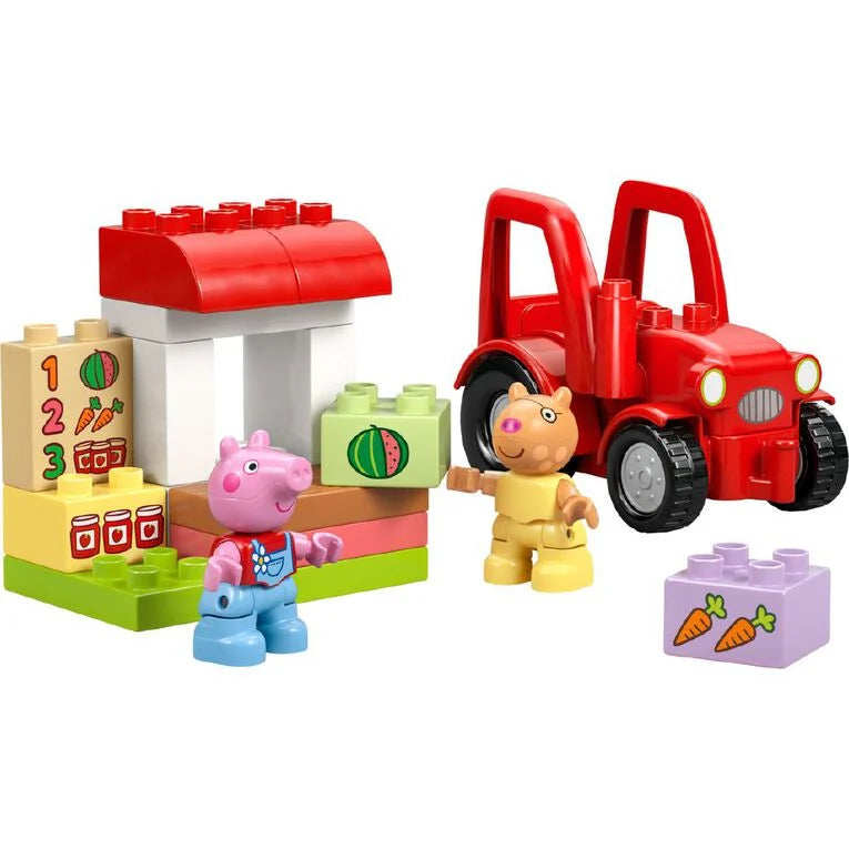 Toy set with a red tractor, pink character, and yellow character on a white background
