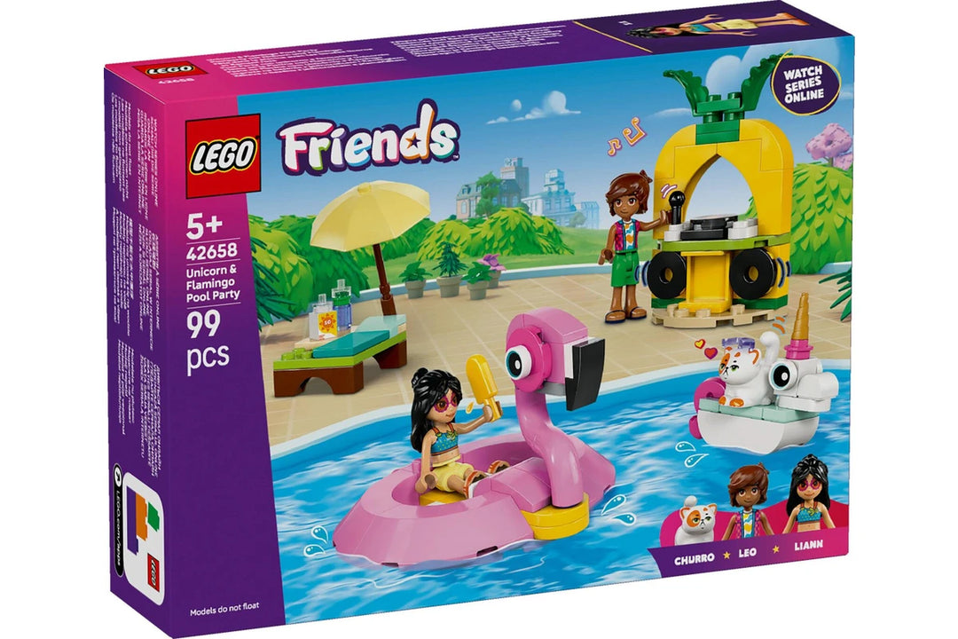 LEGO Friends set packaging with pink flamingo float and pool scene on box