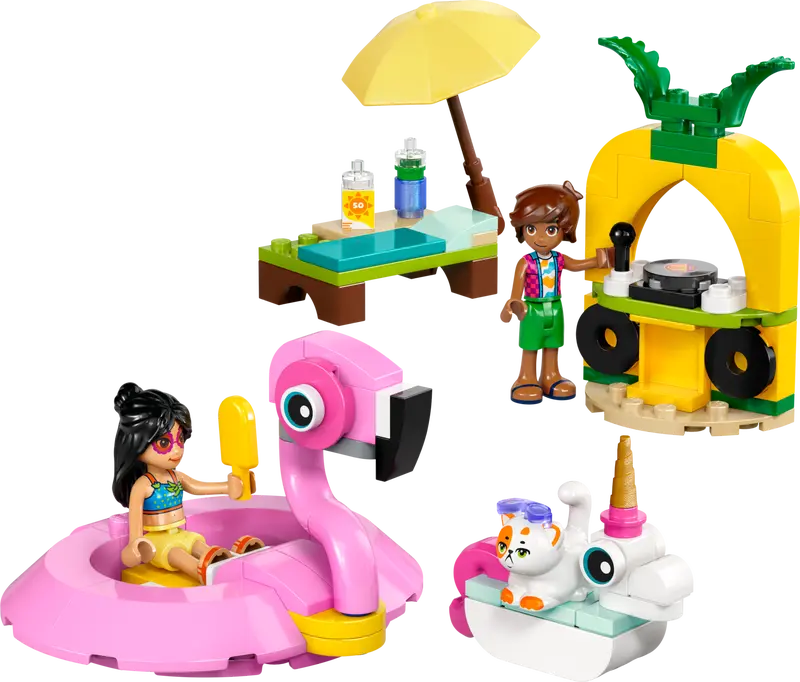 LEGO set with characters on a flamingo raft, pineapple hut, and other accessories on a white background