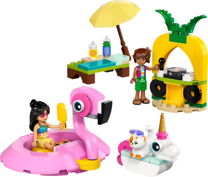 LEGO set with characters on a flamingo raft, pineapple hut, and other accessories on a white background