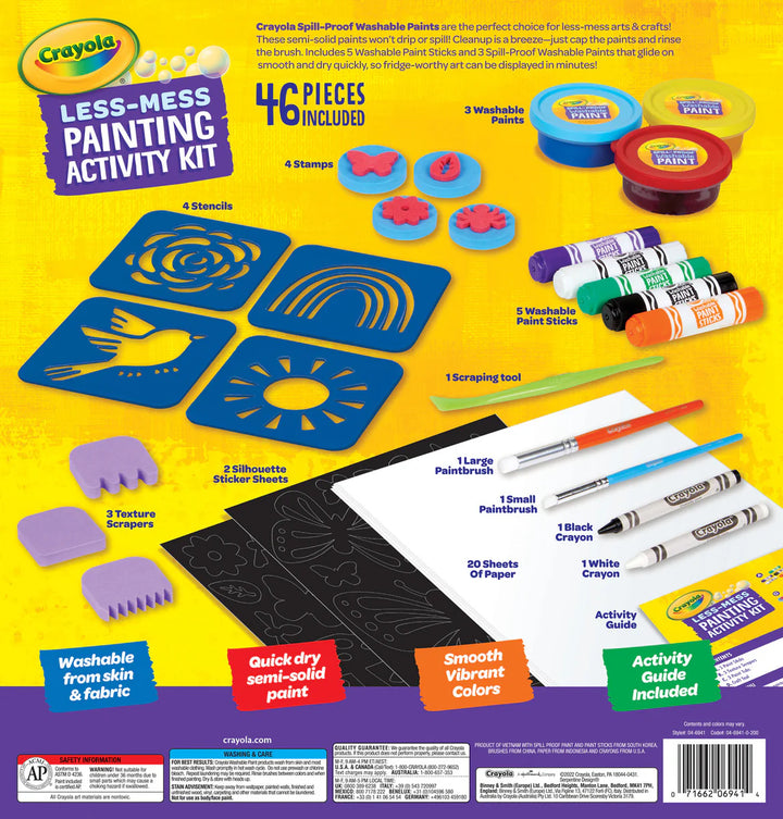 Crayola Less-Mess Painting Activity Kit packaging with various art supplies on a yellow background