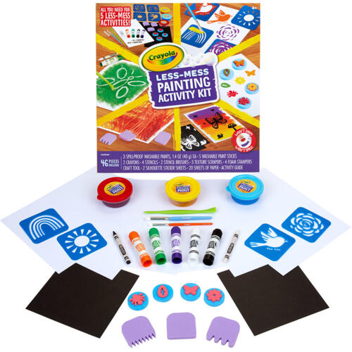 Crayola Less-Mess Painting Activity Kit with various art supplies on a white background