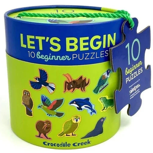 10 two piece puzzles in green and blue packaging on a whitebackground