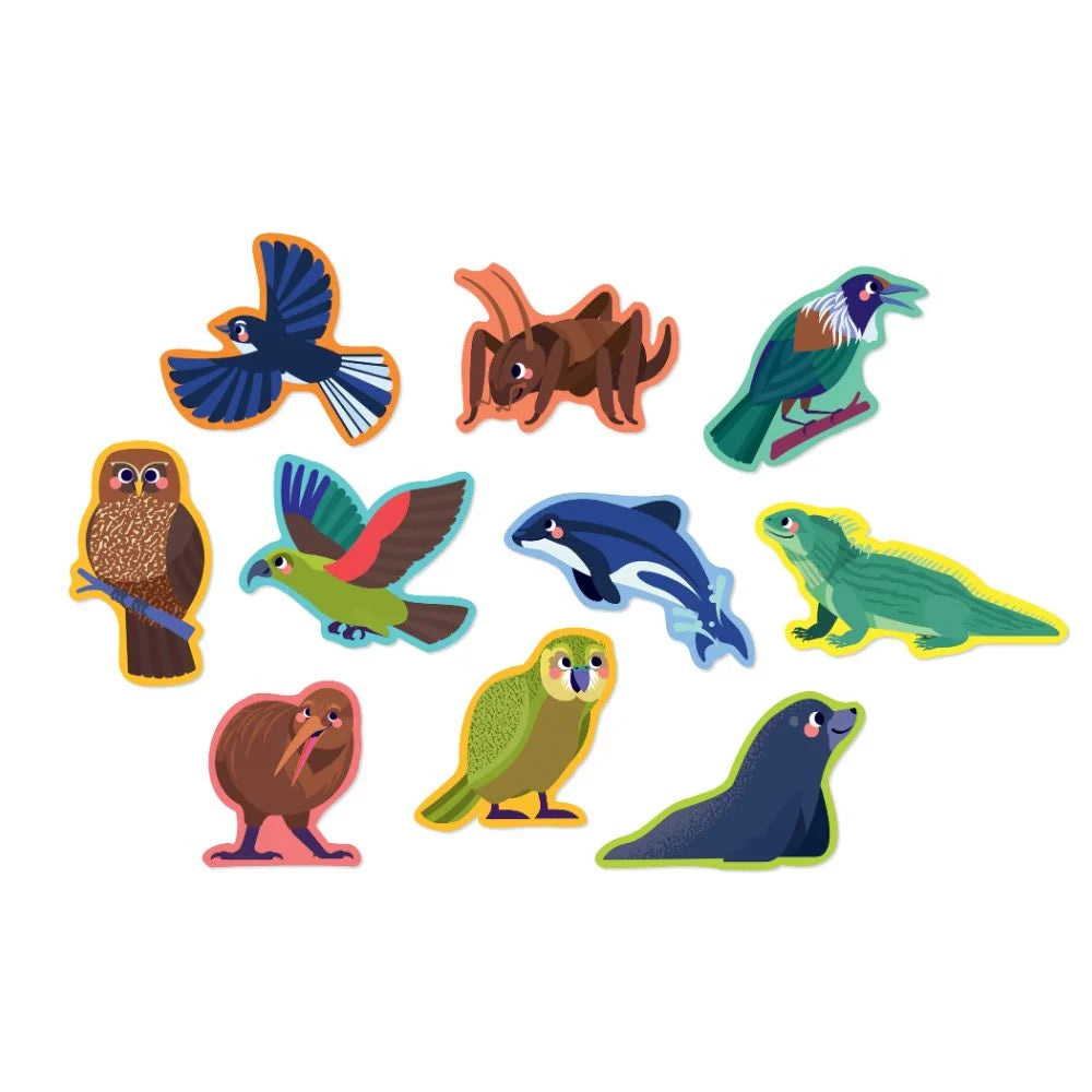 image showing the 10 different nz animal puzzles available ranging from birds to ocean animals to insects