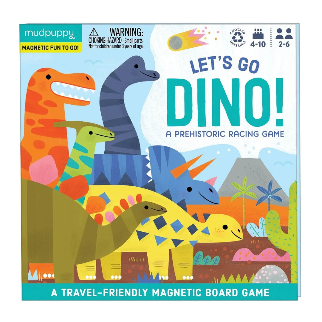 Mudpuppy 'Let's Go Dino!' prehistoric racing game box with colorful dinosaurs on a blue background.