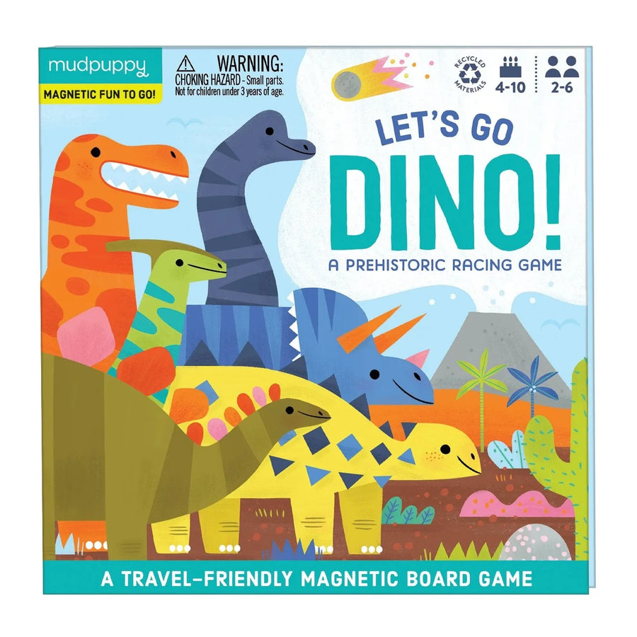 Mudpuppy 'Let's Go Dino!' prehistoric racing game box with colorful dinosaurs on a blue background.