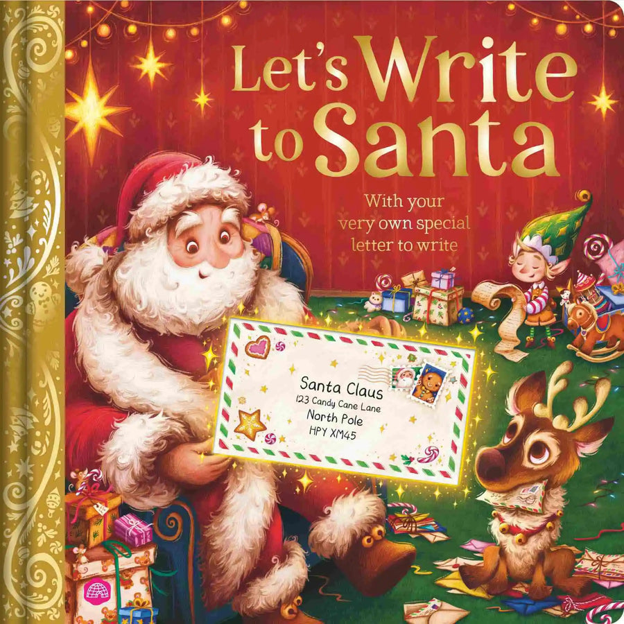 lets write to santa picture book with santa on cover opening a letter in front of rudolph the reindeer