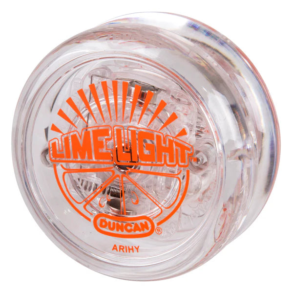 Clear yo-yo with orange text on a white background