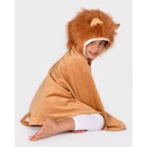 Child wearing a lion costume with a hood on a white background