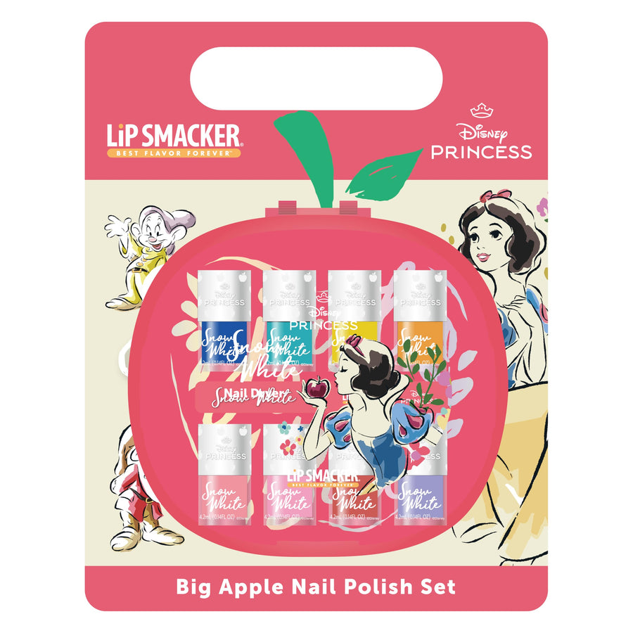 Lip Smacker Disney Princess Big Apple Nail Polish Set packaging with Snow White and Dopey on a pink background.