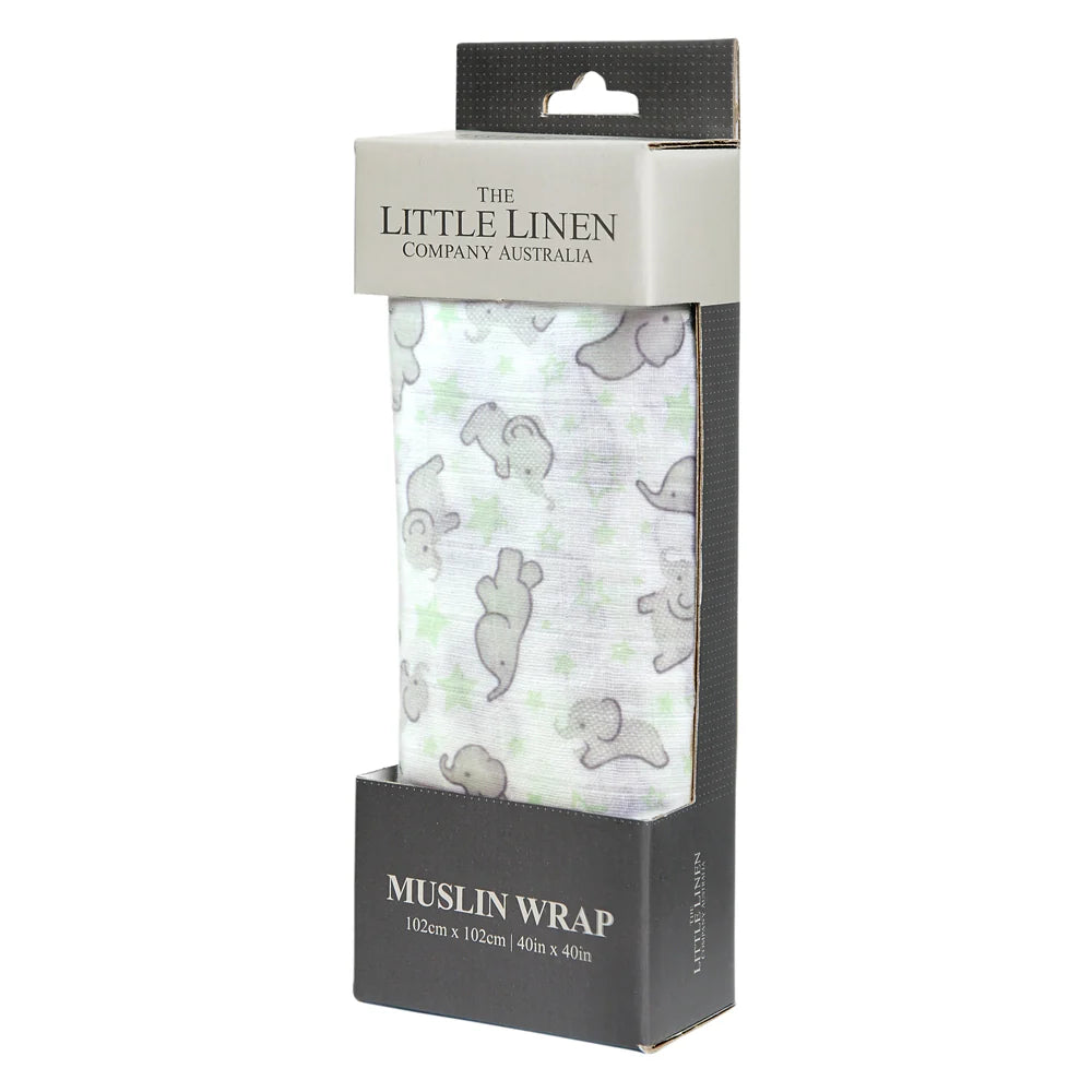Little Linen Muslin Wrap Mint Elephant