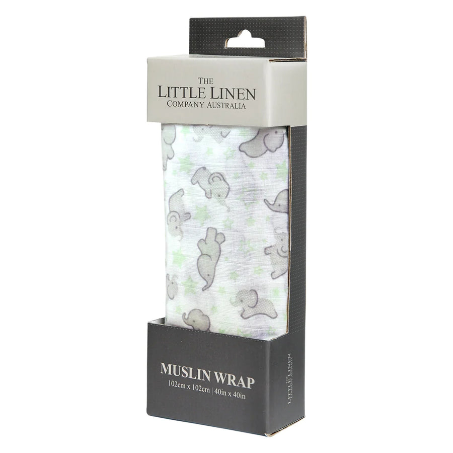 Little Linen Muslin Wrap Mint Elephant