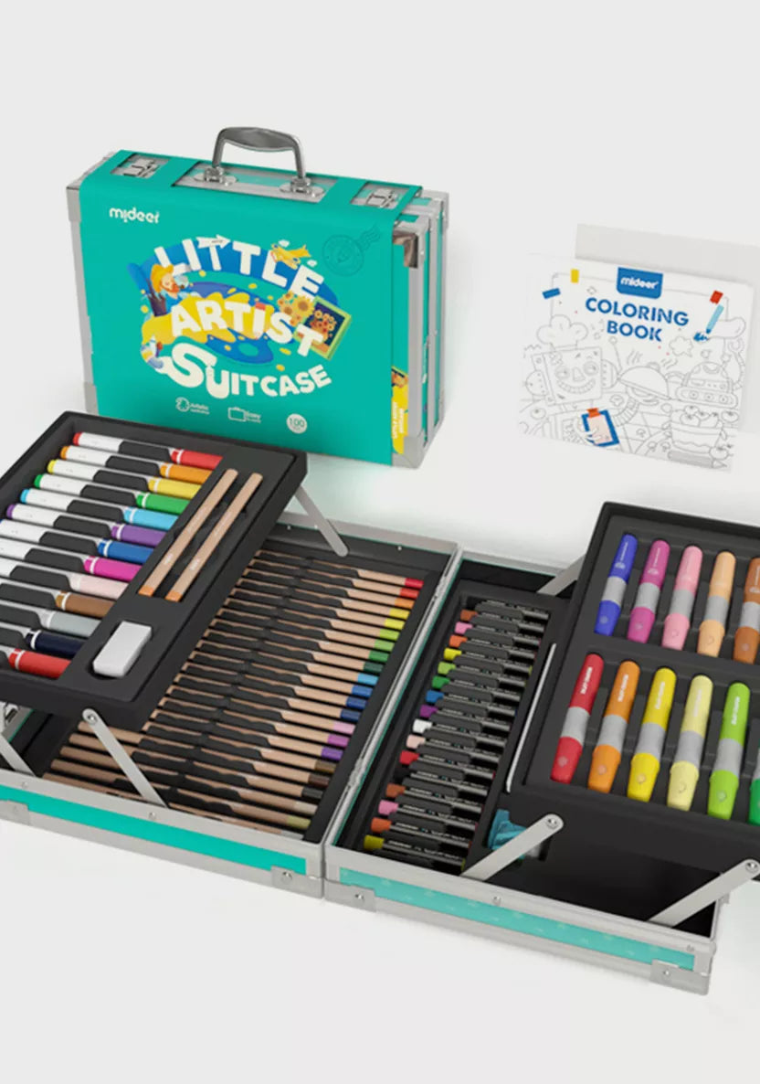 Artistic set with 'Little Artist Suitcase' on a white background