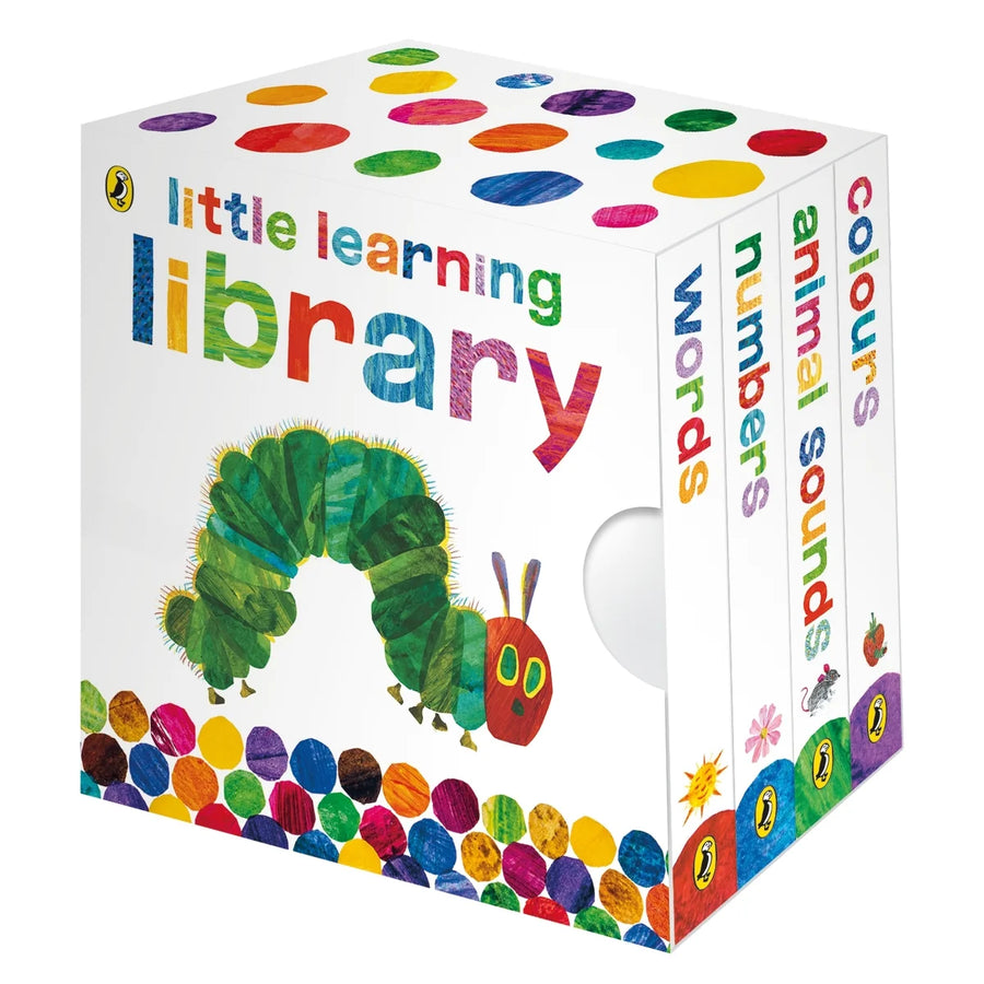 The 'Little Learning Library' boxed set of children's books by Peter H. Reynolds, featuring the classic 'The Caterpillar' box with colorful polka dots and the title 'little learning library' on a white background.