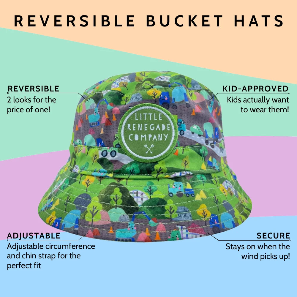 Reversible bucket hat with colorful design and 'Little Renegade Company' logo on a pastel background.