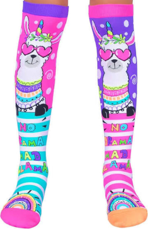 A pair of knee-high socks with a colorful llama and unicorn theme, shown on a white background. One sock features a pink background with a llama wearing heart-shaped sunglasses and a rainbow hat, while the other features a purple background with the same llama design.
