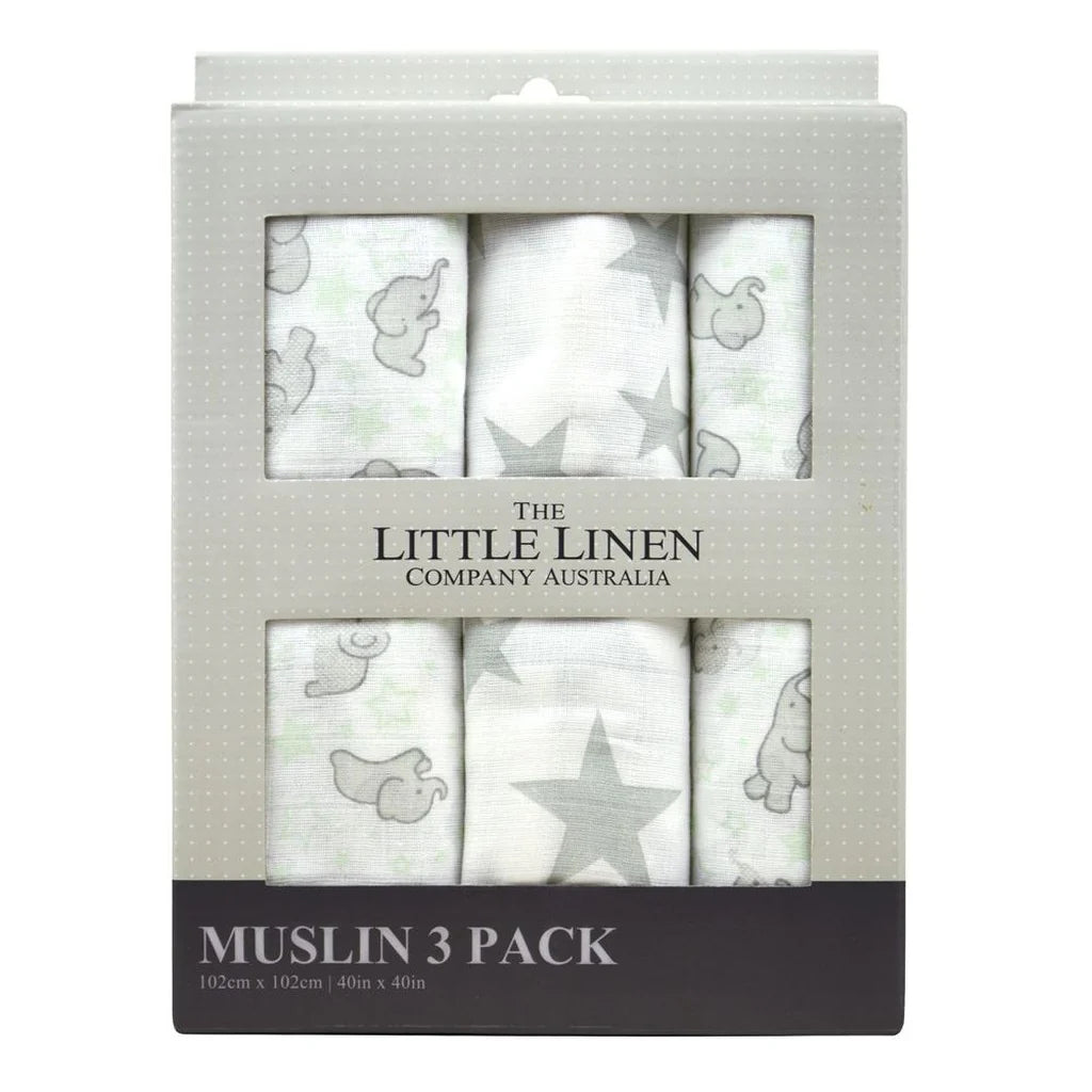 The Little Linen Company - Muslin Baby Wrap 3 Pack - Mint Elephant