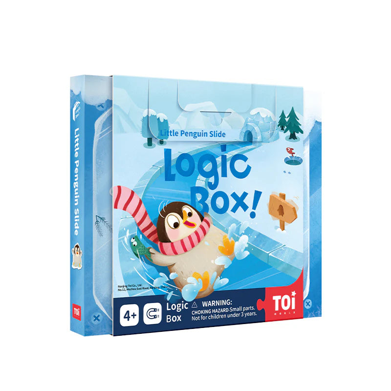 Logic Box educational toy packaging with a penguin illustration on a white background