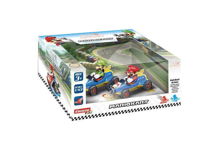 Cartoon character toy cars in a box with a checkered pattern
