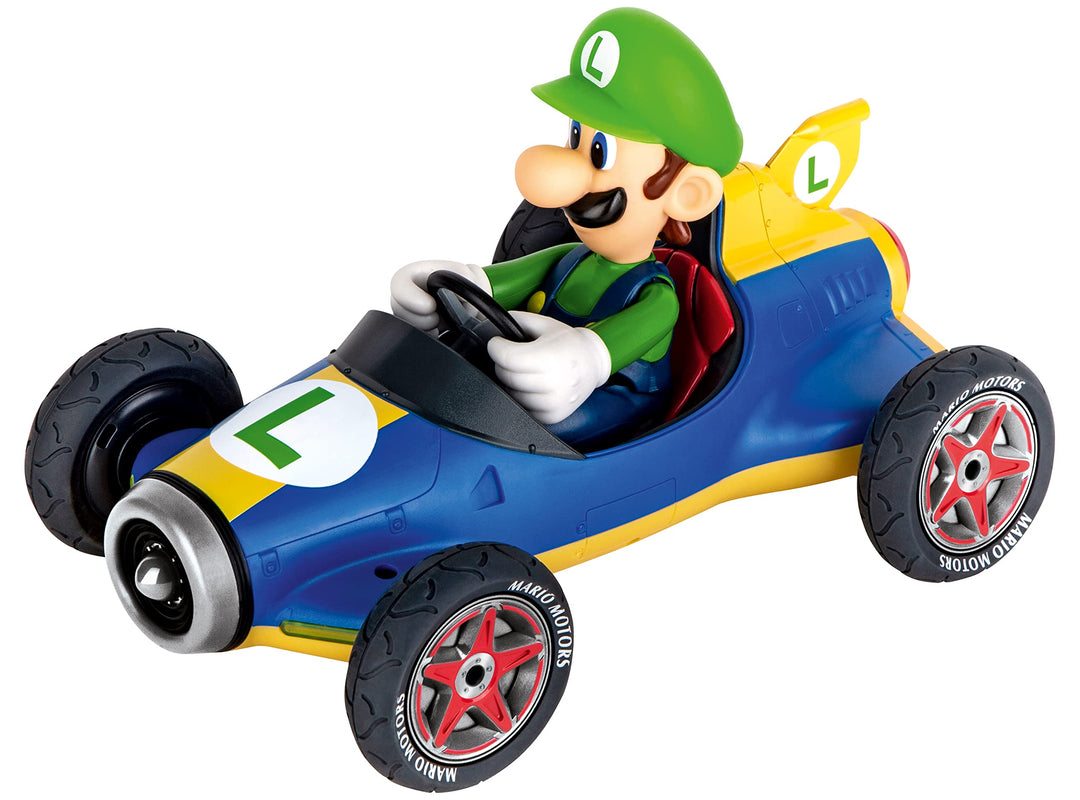 Toy car with character in racing outfit on a white background