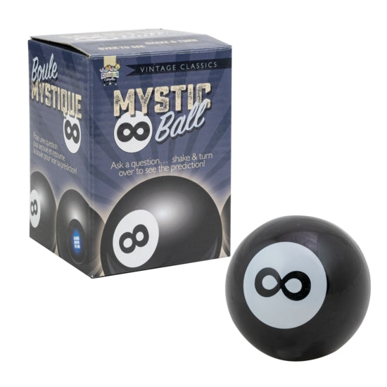 Mystic 8 ball with infinity symbol next to its packaging on a white background