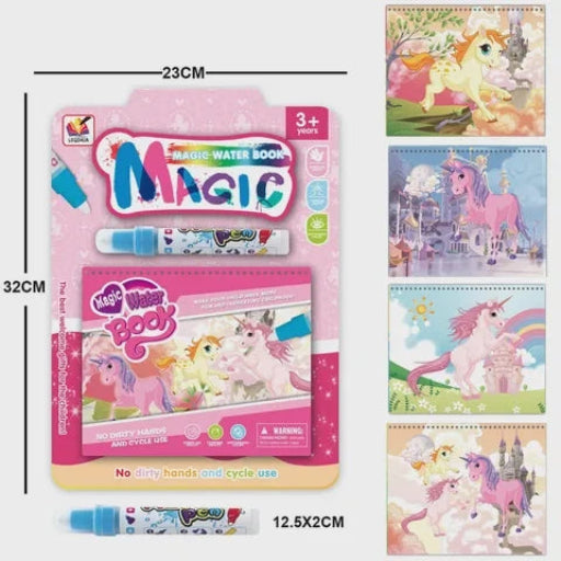 magic water coloring book in pink packaging with unicorns featured on the cover and exemplar images to the right of the paintings you can create
