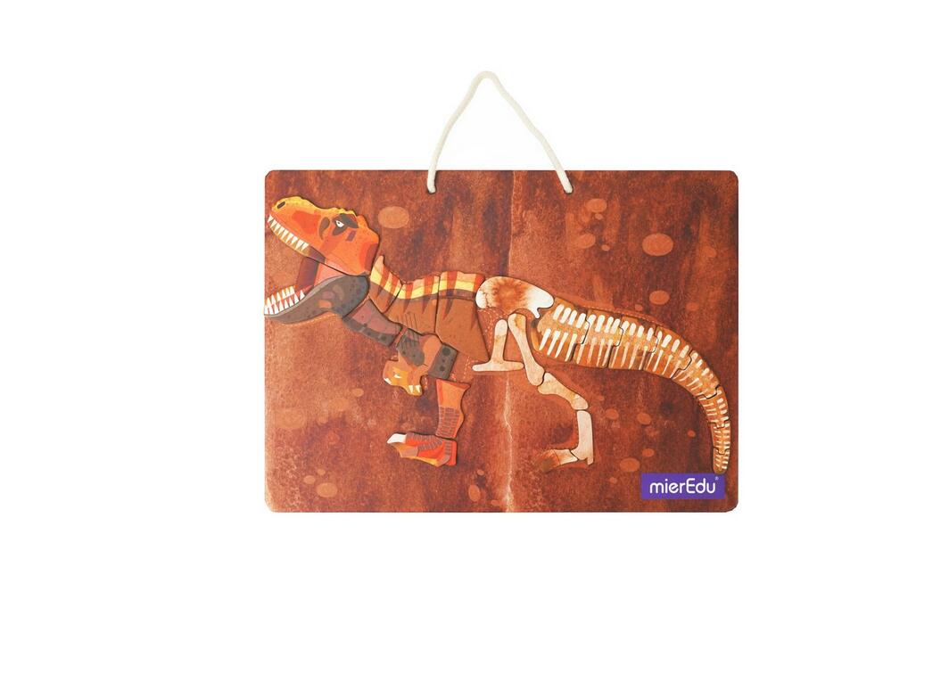 Wooden dinosaur toy with a visible brand label on a white background