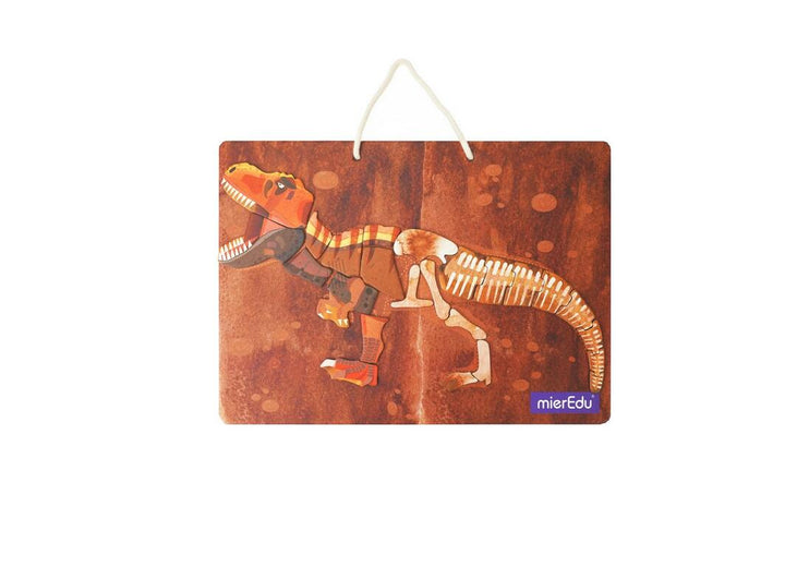 Wooden dinosaur toy with a visible brand label on a white background