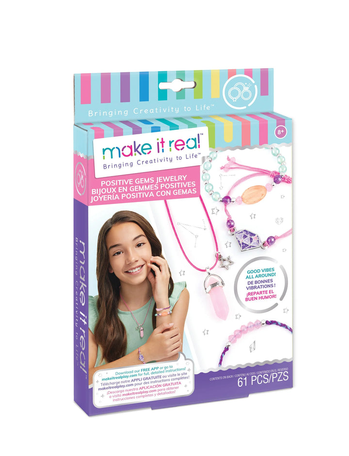 Make It Real jewelry making kit packaging with a girl wearing a bracelet on a white background