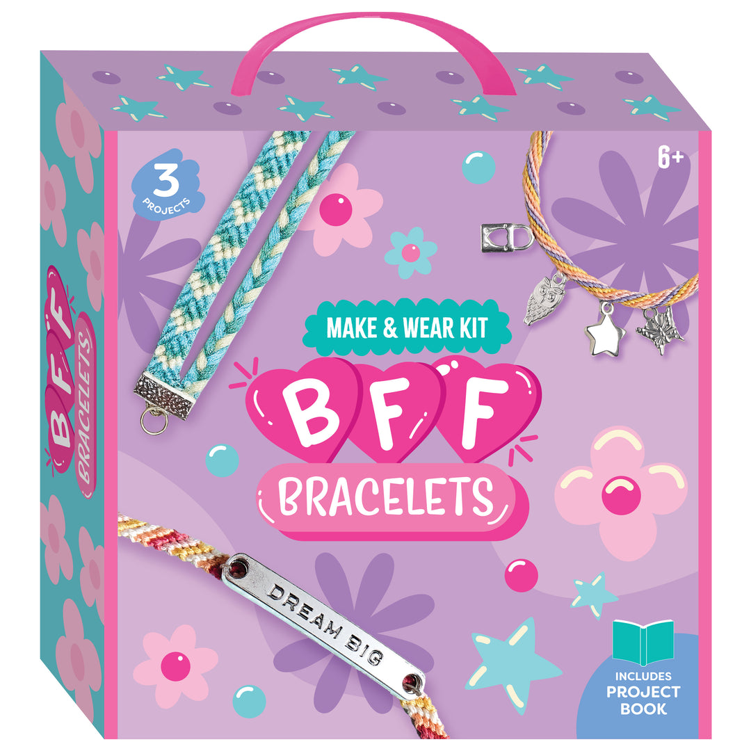 A boxed BFF Bracelets make & wear kit shown on a clean white background. The pink carrying case features floral and star illustrations, a pink handle, and sample bracelet photos printed on the front.