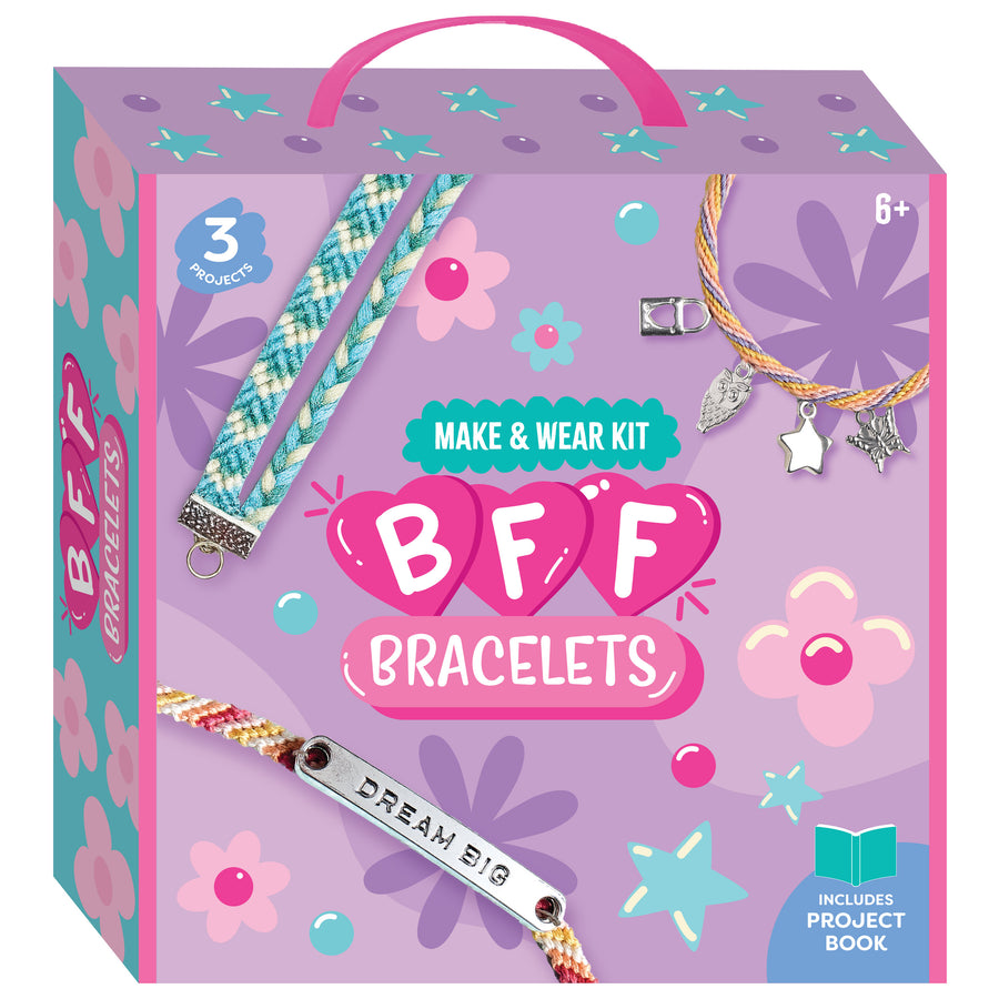 A boxed BFF Bracelets make & wear kit shown on a clean white background. The pink carrying case features floral and star illustrations, a pink handle, and sample bracelet photos printed on the front.