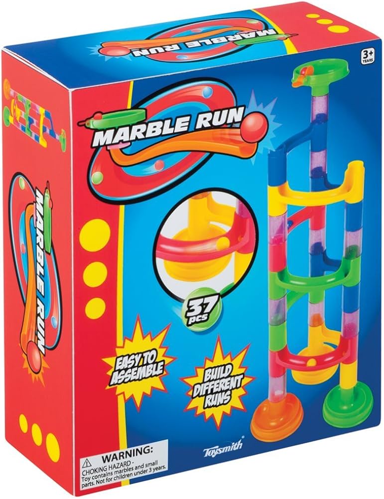 Marble run toy set packaging with colorful design and text