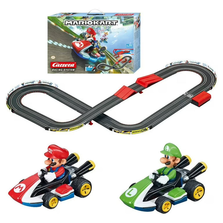 Toy race track set with Mario and Luigi cars and Carrera packaging.