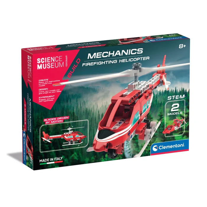 Boxed science museum mechanics firefighting helicopter model by Clementoni