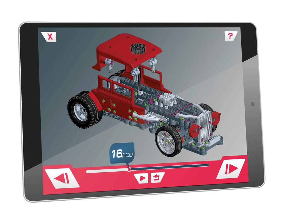 A tablet device shown at an angle on a white background, displaying a 3D instructional model of a red hot-rod car on its screen.