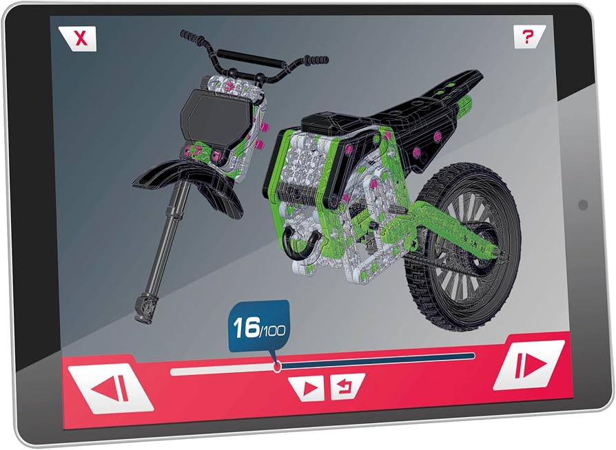 mechanics lab tablet displaying disassembled motocorss green and black bike