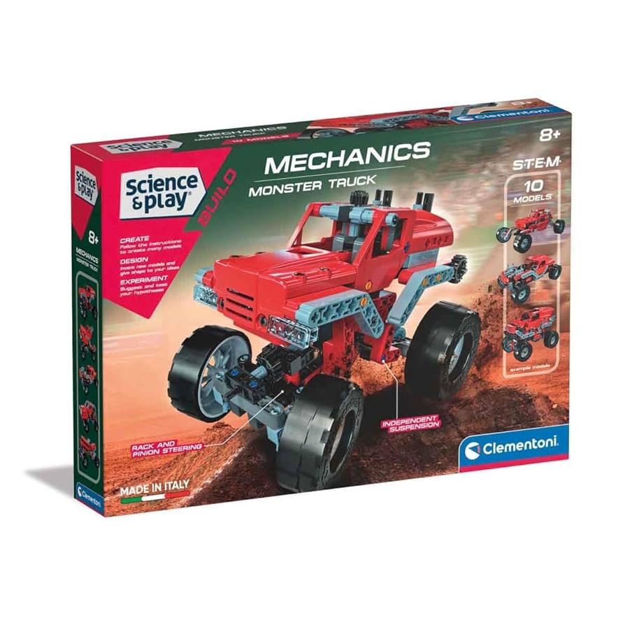 Boxed toy monster truck set by Science and Play with Clementoni branding.