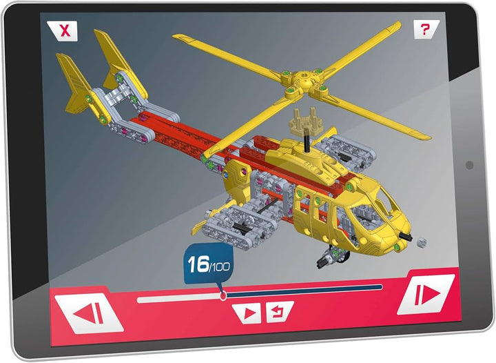 A tablet device displaying a 3D model or instructional video about building a yellow and red helicopter, with interface controls and a count label visible on the screen.