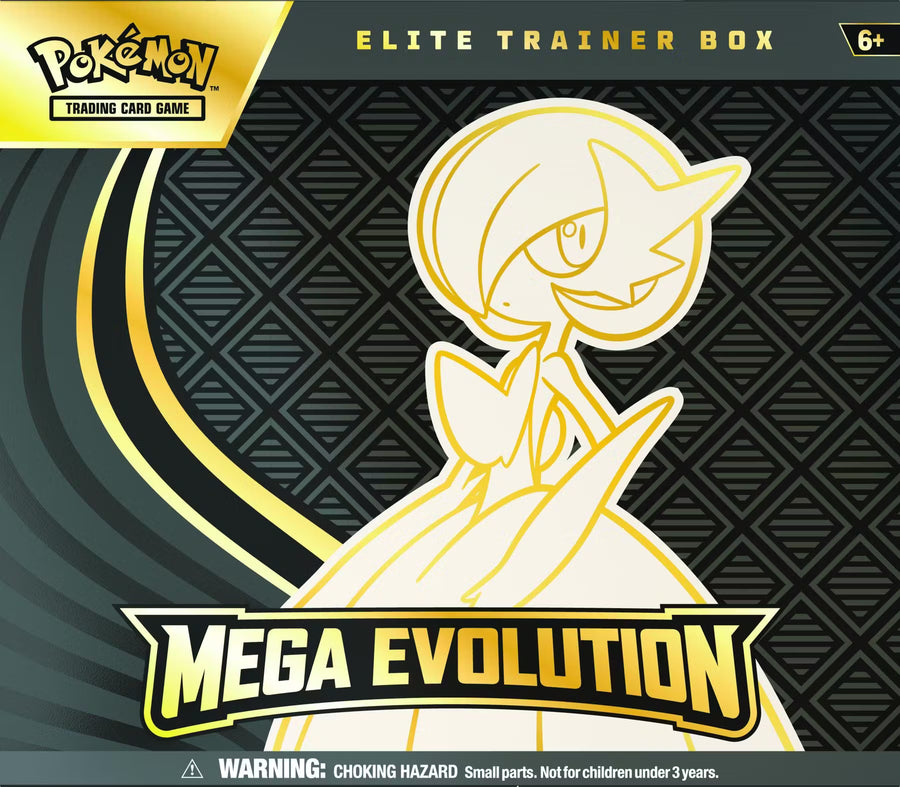 Pokémon trading card game elite trainer box with a character and 'Mega Evolution' text on a black and gold background.