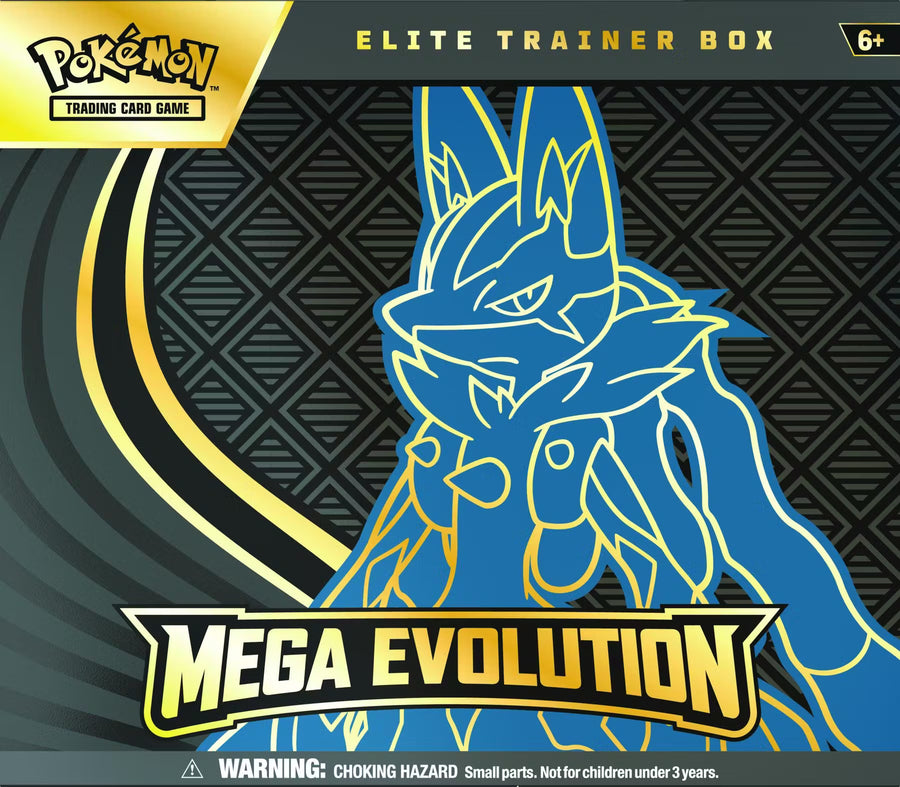 Pokémon trading card game elite trainer box with a blue and gold dragon-like creature on a black background.