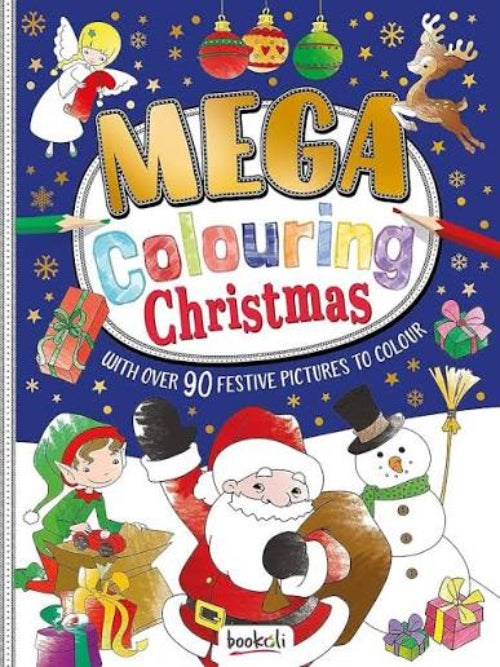 mega christmas colouring blue paperback book with santa elves presents and snowman on cover