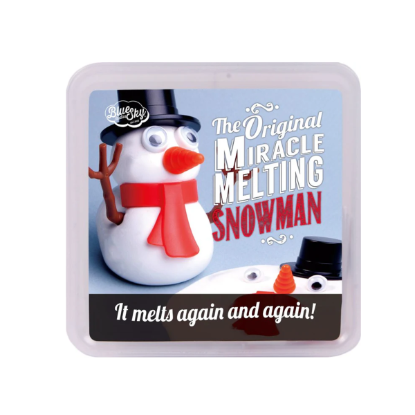 Melting snowman toy packaging with text on a white background