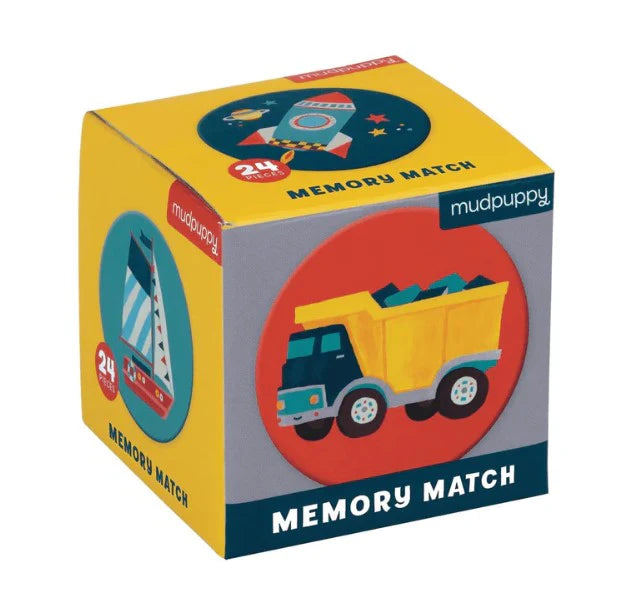 Mudpuppy memory match game box with a dump truck illustration on a white background