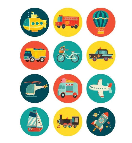 Set of colorful icons representing different modes of transportation on a white background.