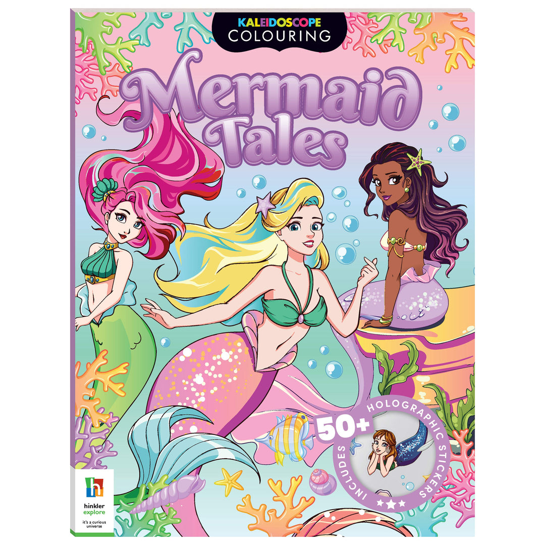 Coloring book titled 'Mermaid Tales' with mermaids and underwater elements on a colorful cover.