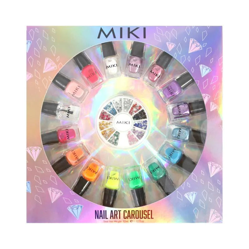 MIKI nail art carousel set with colorful nail polish bottles on a white background