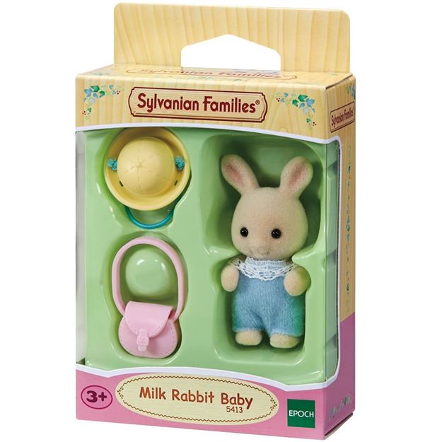 Sylvanian Families Milk Rabbit Baby set in packaging with a wooden handle