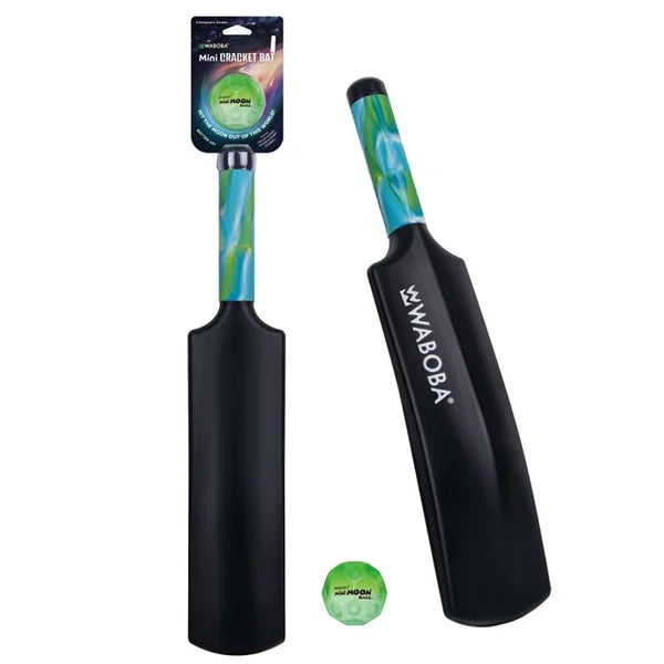 Mini cricket bat and ball set with Waboba branding on a white background